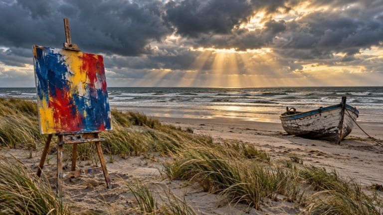 Sztaluga z ekspresjonistycznym płótnem na wietrznej plaży, obok łódź rybacka i szare morze