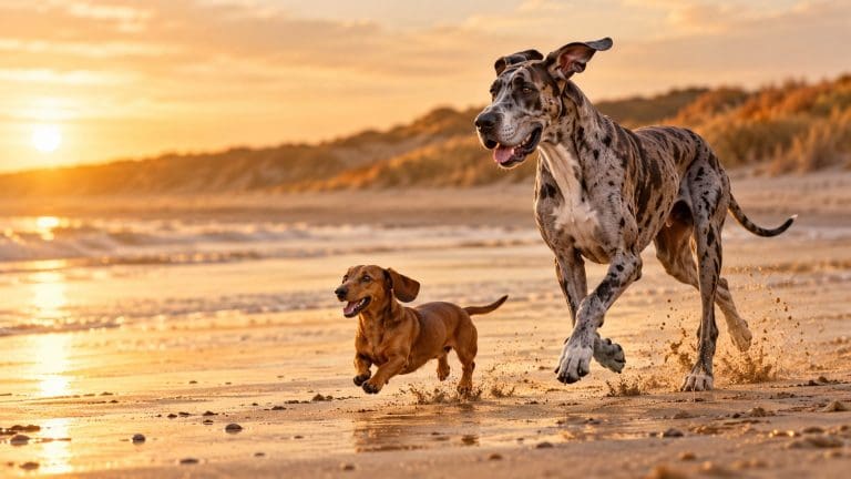 Jamnik i dog niemiecki biegną razem pustą jesienną plażą w złotym świetle, spod łap pryska piasek