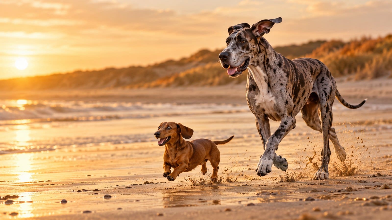 Jamnik i dog niemiecki biegną razem pustą jesienną plażą w złotym świetle, spod łap pryska piasek