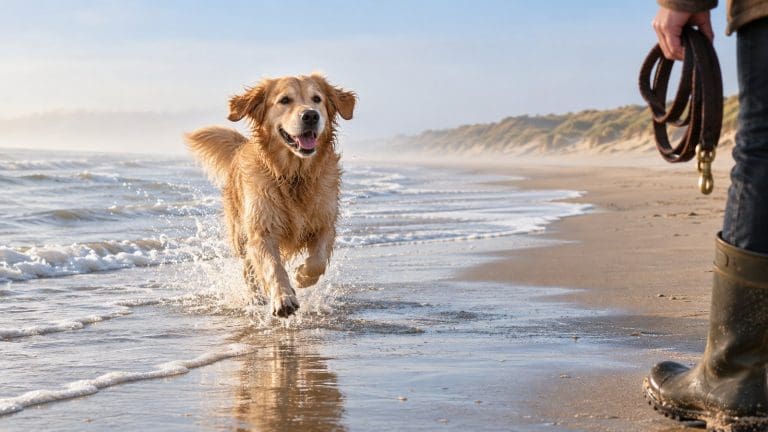Golden retriever bez smyczy biegnie brzegiem pustej plaży do właściciela, widać tylko jego nogi i smycz w dłoni