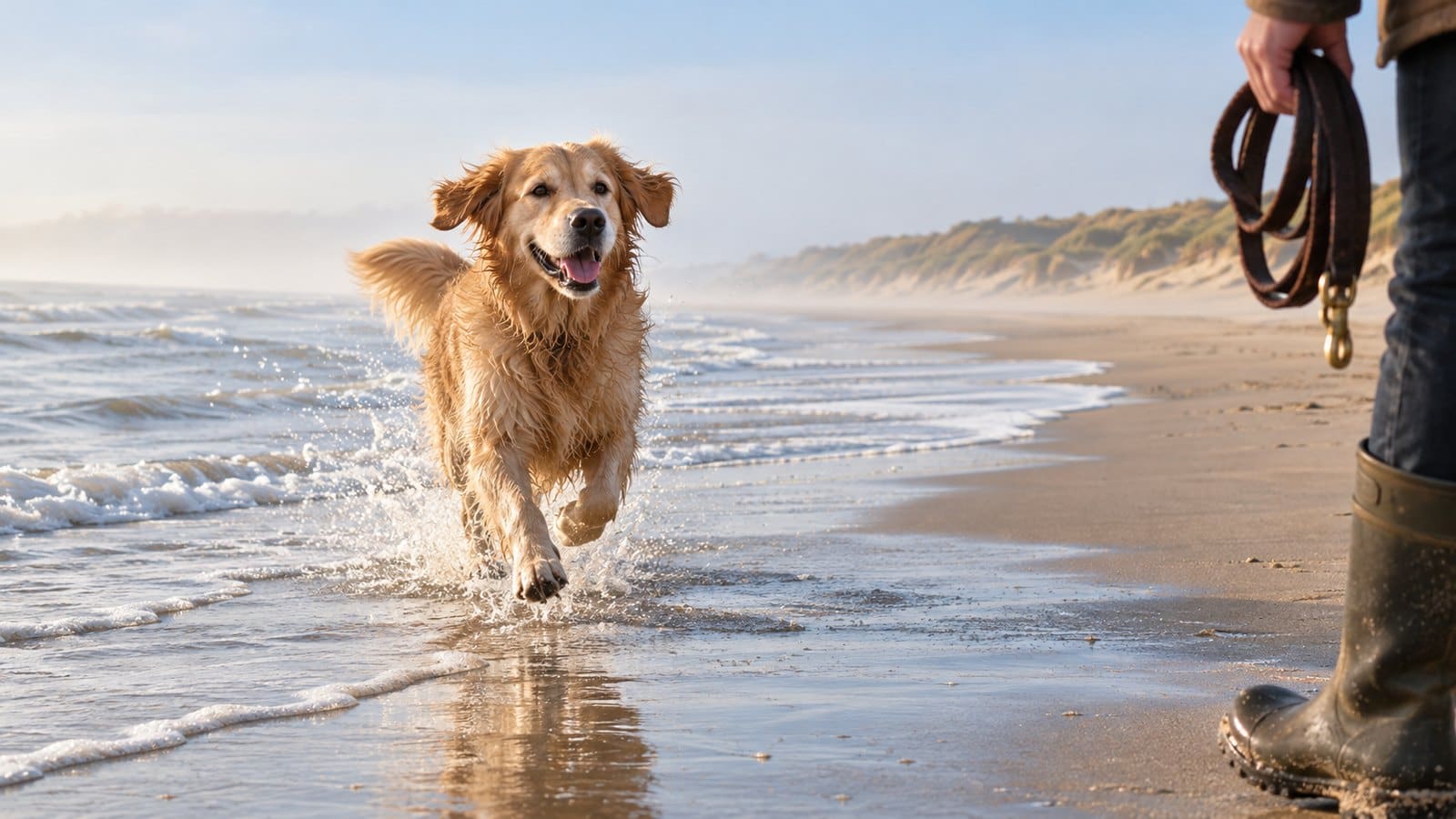 Golden retriever bez smyczy biegnie brzegiem pustej plaży do właściciela, widać tylko jego nogi i smycz w dłoni