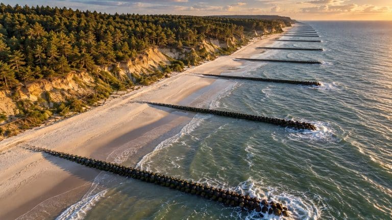 Widok z drona na jasną plażę z kamiennymi ostrogami wchodzącymi w morze, za nią klif z sosnami