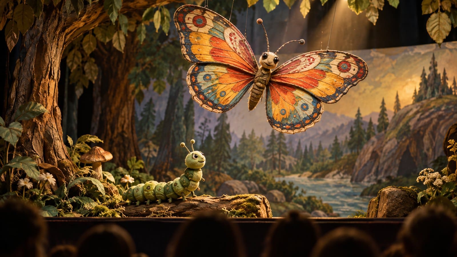 Wielkie lalki motyla i gąsienicy na scenie teatru lalek w miękkim, ciepłym świetle reflektorów