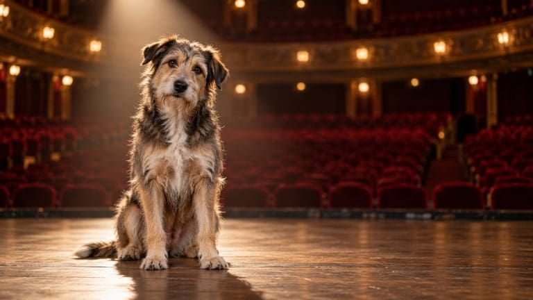 Kundelek w ciepłym świetle reflektora na pustej scenie teatralnej, za nim rozmyte czerwone fotele widowni