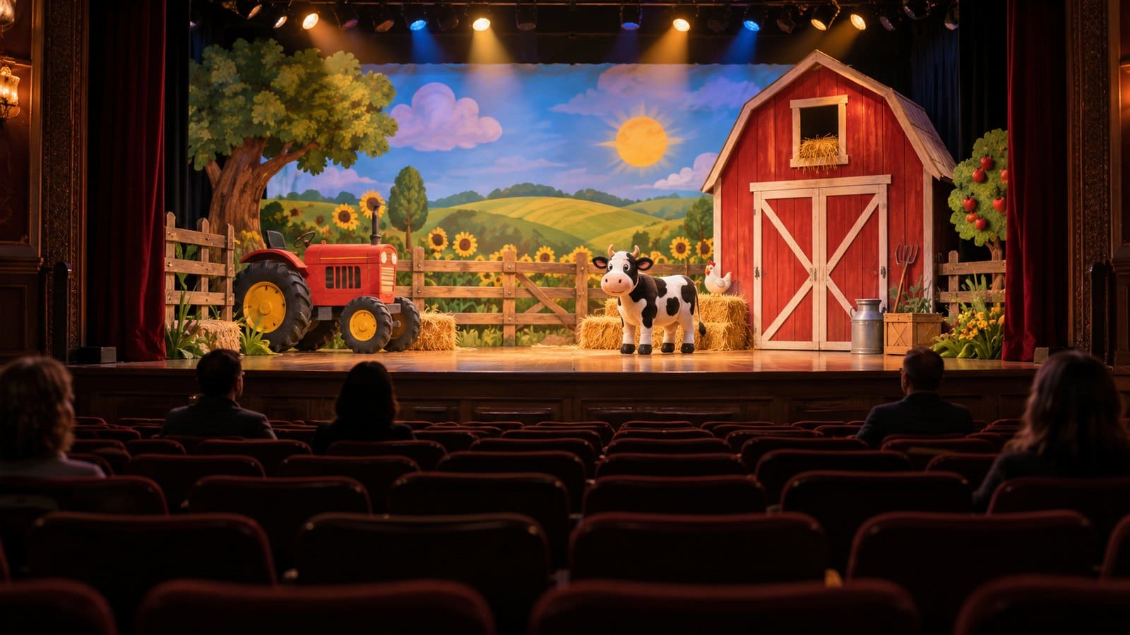 Kolorowa scenografia wiejskiego podwórka na małej scenie teatru, ciepłe reflektory, widownia widziana od tyłu