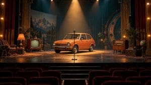 Mały samochód z lat 70. na scenie teatru w ciepłym świetle, obok stary telewizor, radio i mikrofon