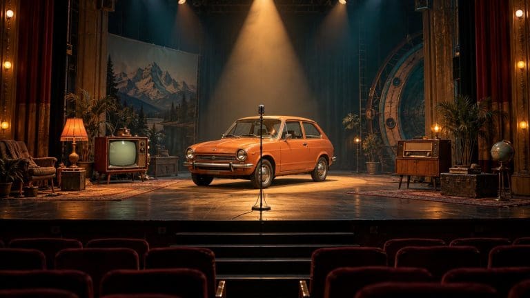 Mały samochód z lat 70. na scenie teatru w ciepłym świetle, obok stary telewizor, radio i mikrofon