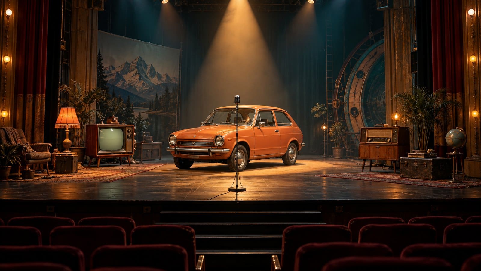 Mały samochód z lat 70. na scenie teatru w ciepłym świetle, obok stary telewizor, radio i mikrofon
