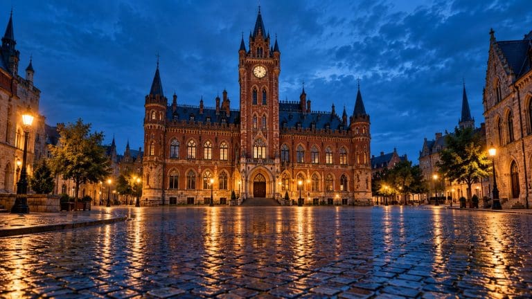Ceglany neogotycki ratusz z wieżyczkami i blankami o niebieskiej godzinie, mokry bruk odbija latarnie