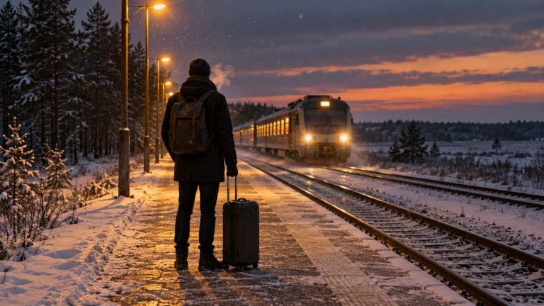 Podróżny z walizką od tyłu na zaśnieżonym peronie o zmierzchu, w stronę stacji nadjeżdża pociąg