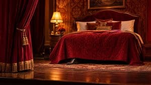 Scenografia sypialni na scenie teatru: łóżko z rubinową narzutą, czerwona kurtyna, spod łóżka wystaje but