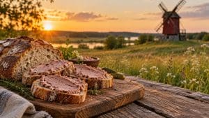Wiejska deska z pieczywem i różową smarowną wędliną, w tle czerwony drewniany wiatrak o zachodzie słońca