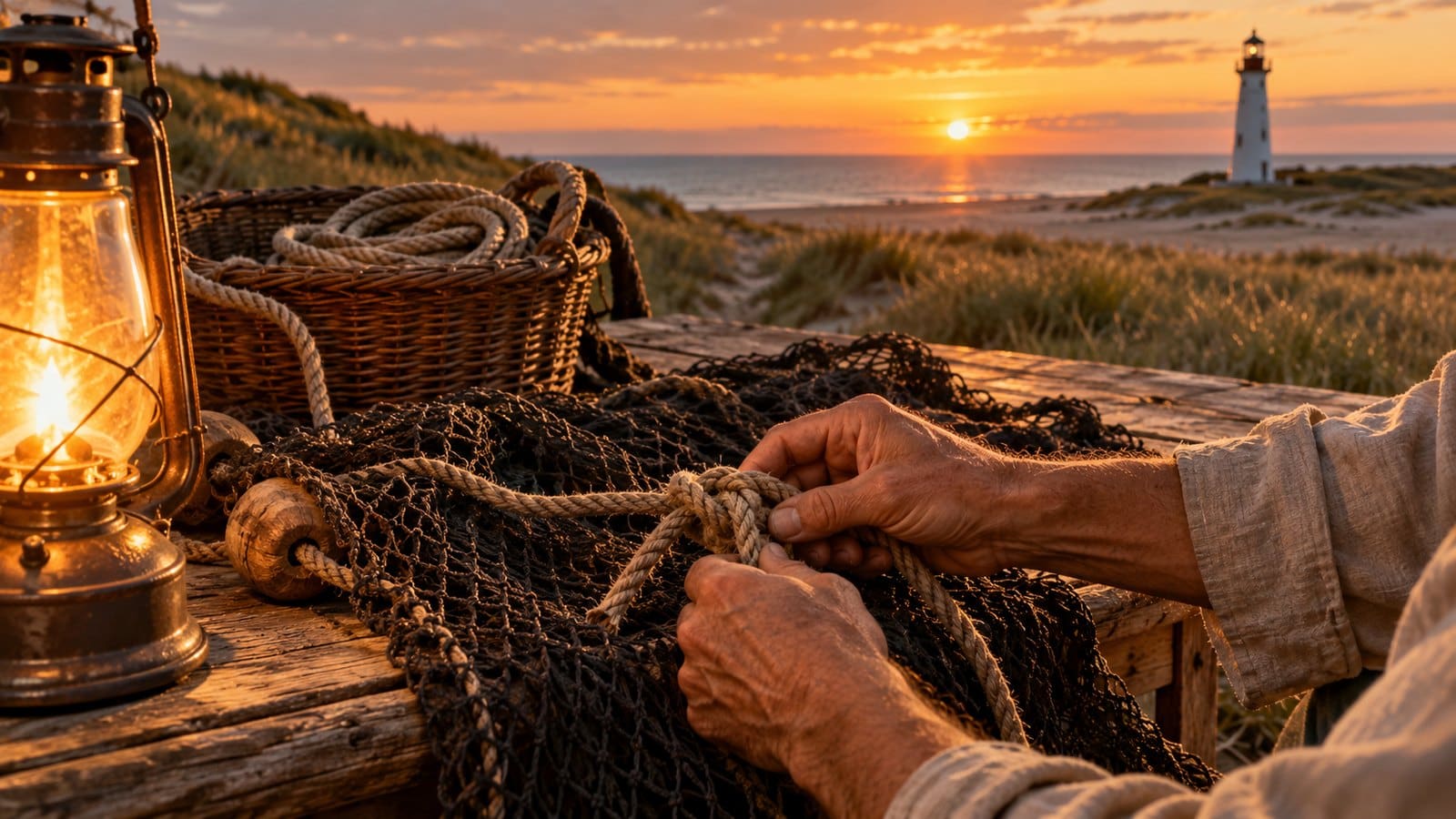 Dłonie wiążące węzeł na starej rybackiej sieci przy lampie naftowej, w tle wydmy, morze i latarnia o zachodzie słońca