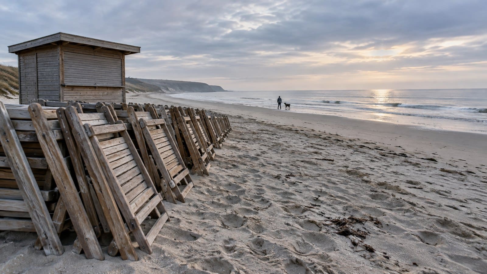 Pusta plaża po sezonie: ułożone w stos leżaki i zamknięty kiosk, w oddali mieszkaniec spaceruje z psem