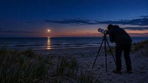 Mały teleskop na statywie na plaży i osoba przy okularze, nisko nad morzem jasna żółtawa planeta