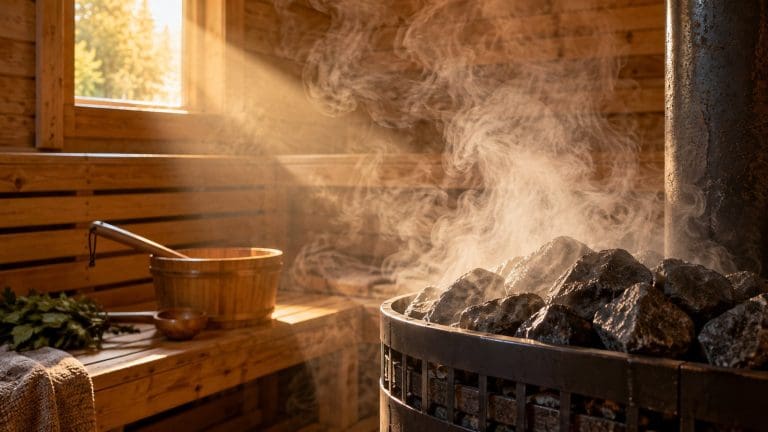 Drewniana sauna z wiadrem i chochlą na ławce, para unosi się z gorących kamieni w smudze miękkiego światła