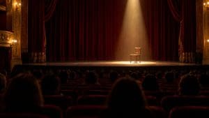 Widownia teatralna od tyłu i puste krzesło w snopie złotego światła na scenie