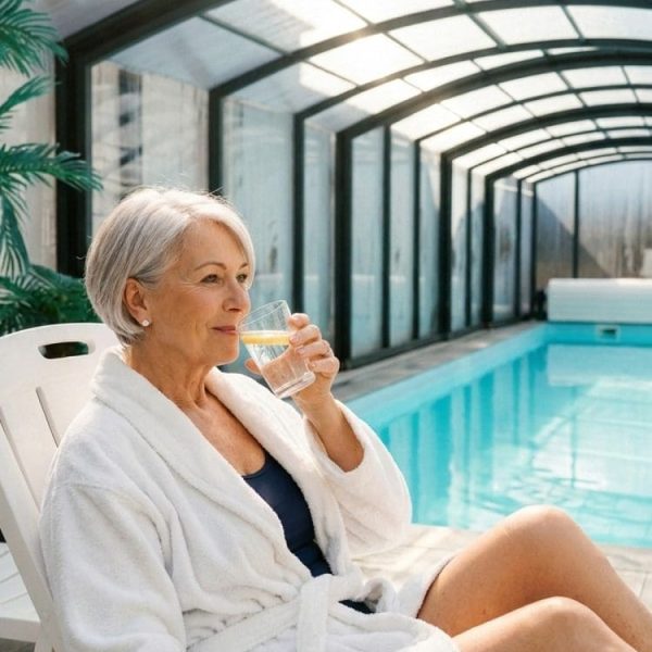 Seniorka w szlafroku odpoczywa przy krytym basenie
