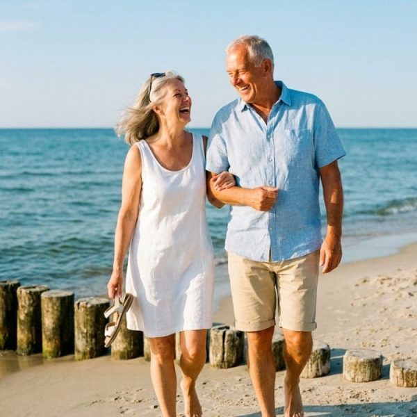 Para seniorów spaceruje po letniej plaży w Sarbinowie