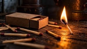 Rozsypane drewniane zapałki i jedna płonąca w ciemności, obok stare pudełko