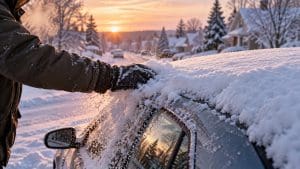 Dłoń w rękawiczce zgarnia śnieg z dachu auta o świcie, różowe niebo