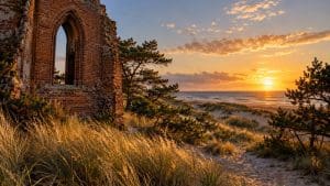 Fragment gotyckiego ceglanego muru wśród traw i niskich sosen, w tle wydmy w złotym świetle zachodu