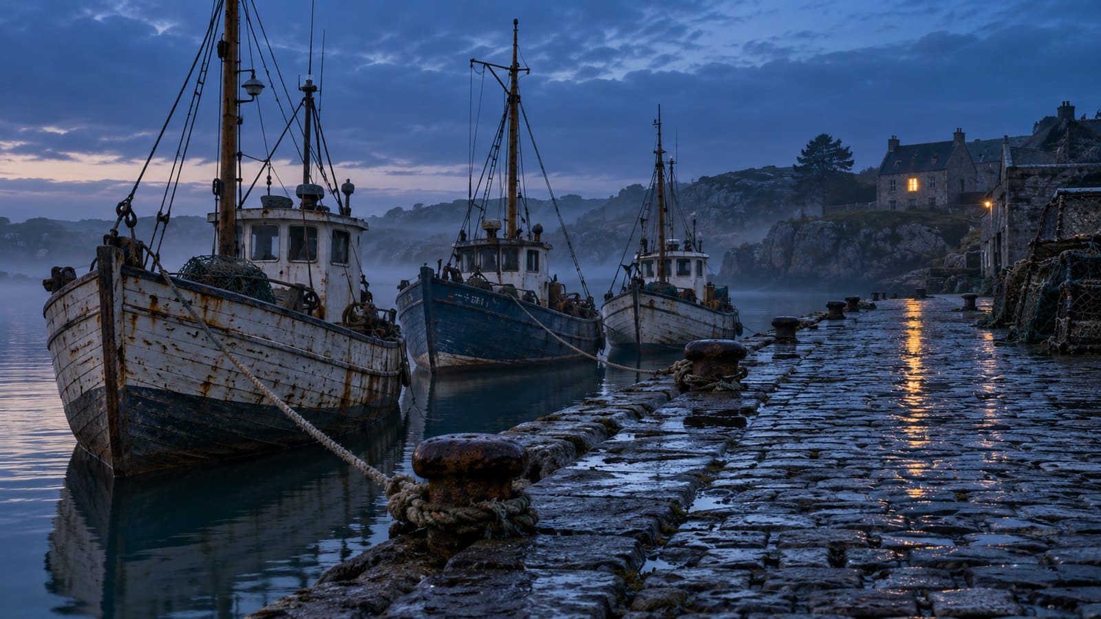 Mały port rybacki o zmierzchu, kutry przy nabrzeżu i jedno ciepłe okno w oddali
