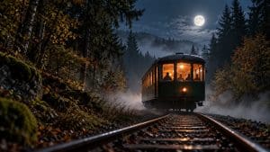 Zabytkowy wagonik wąskotorówki nocą w mglistym lesie, w oknach pomarańczowe światło lampionów z dyni, nad drzewami księżyc