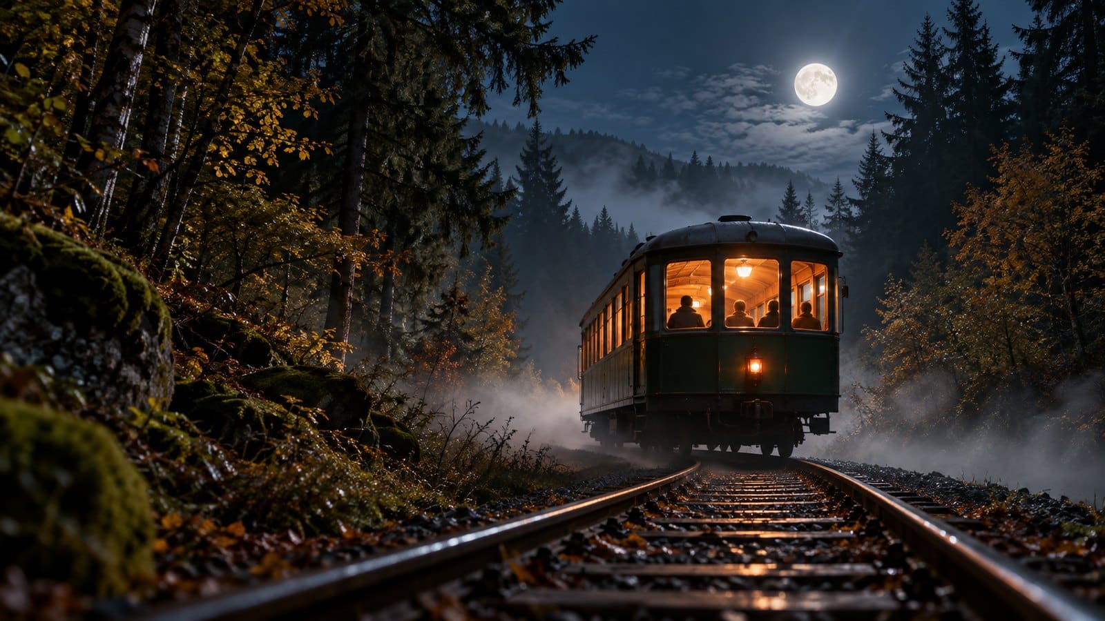 Zabytkowy wagonik wąskotorówki nocą w mglistym lesie, w oknach pomarańczowe światło lampionów z dyni, nad drzewami księżyc