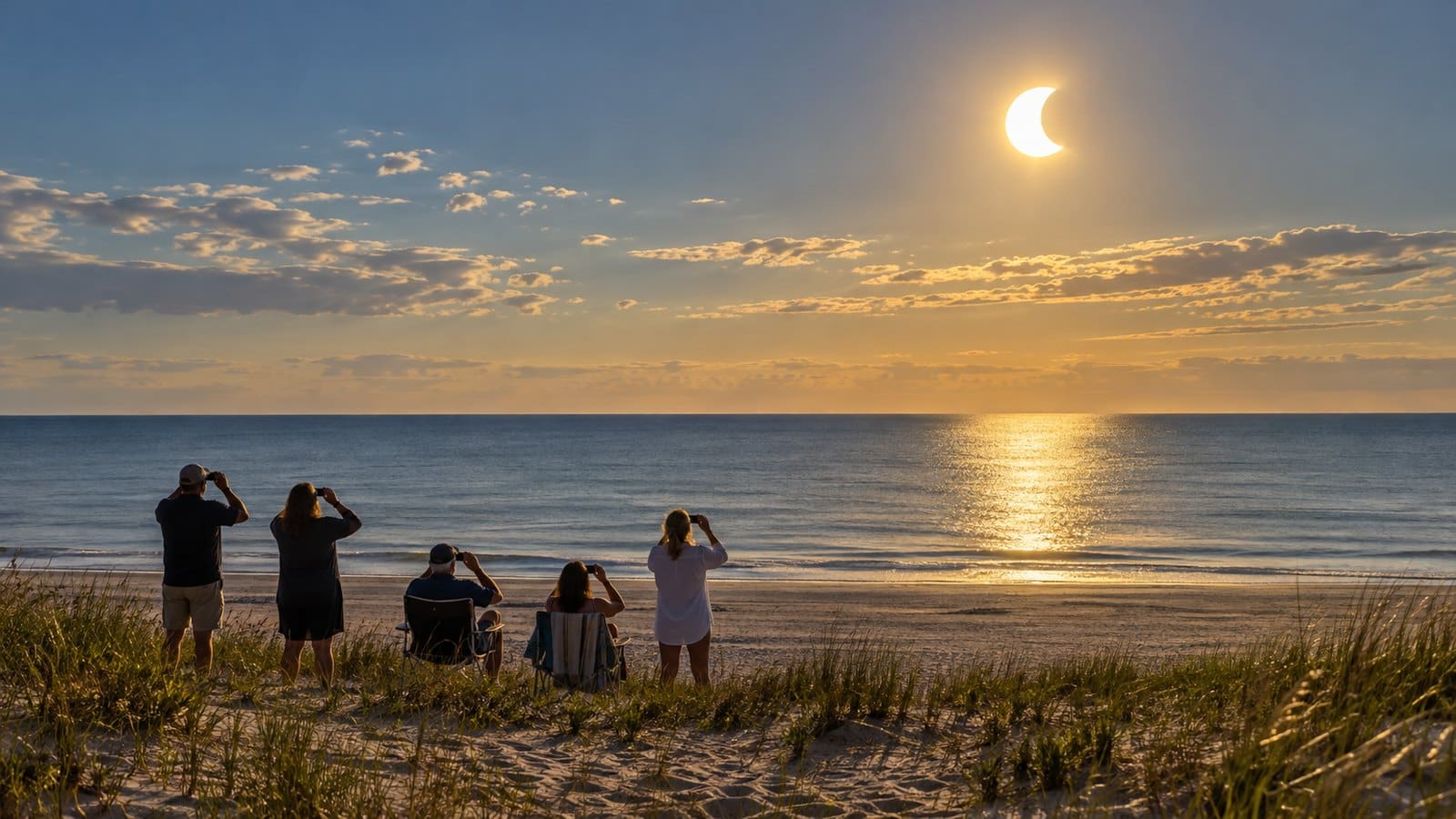 Słońce z ugryzionym brzegiem nad spokojnym morzem, plażowicze od tyłu z okularami do zaćmień