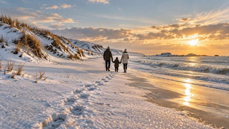 Rodzina od tyłu idzie za ręce zimową plażą przyprószoną śniegiem, w niskim słońcu, obok spokojne morze